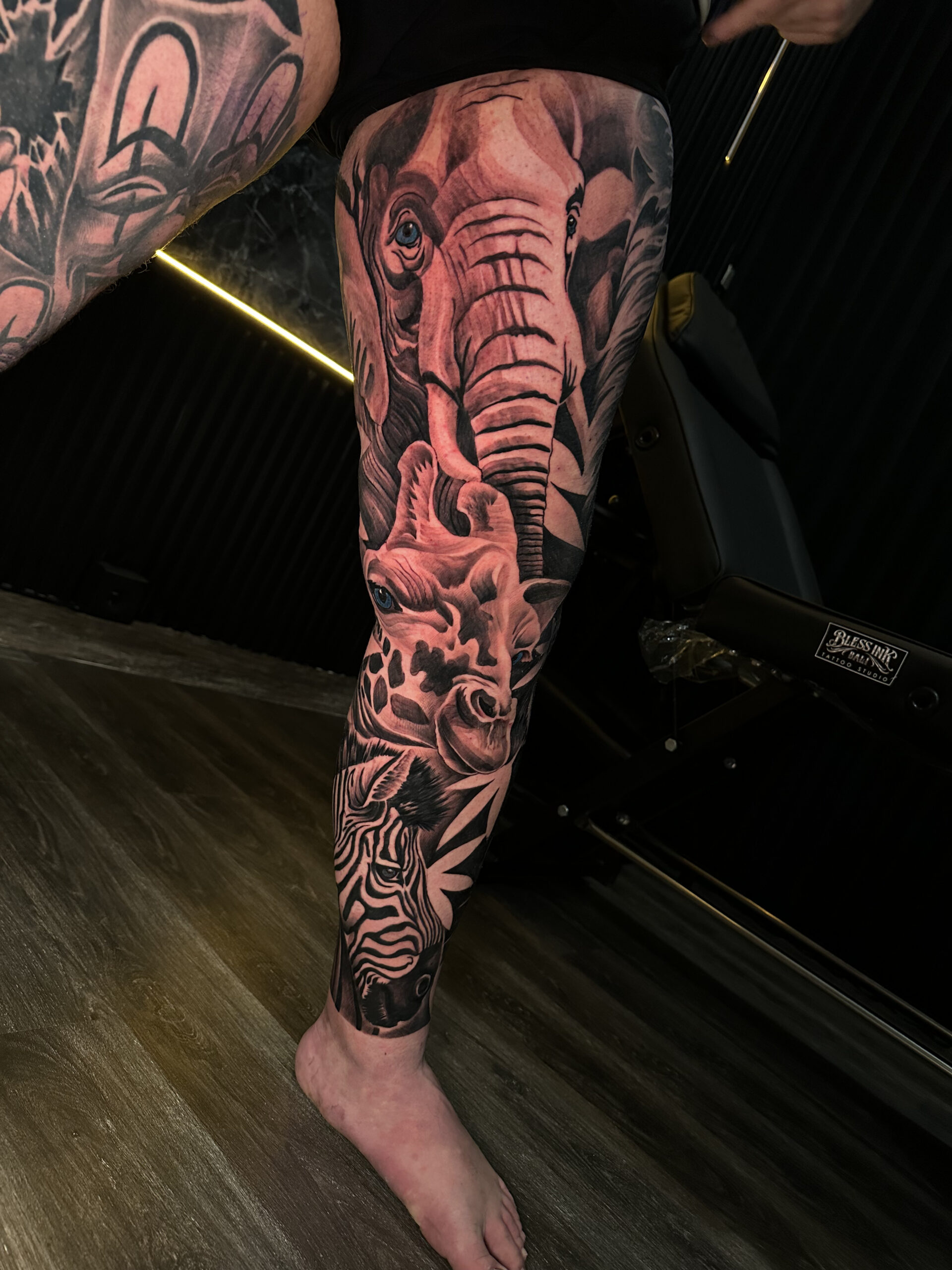 Tattoo Zoo Animal Full Leg Elephan, Giraffe, Zebra