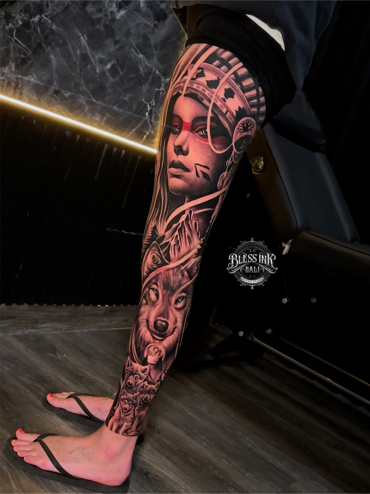 Native American full leg tattoo