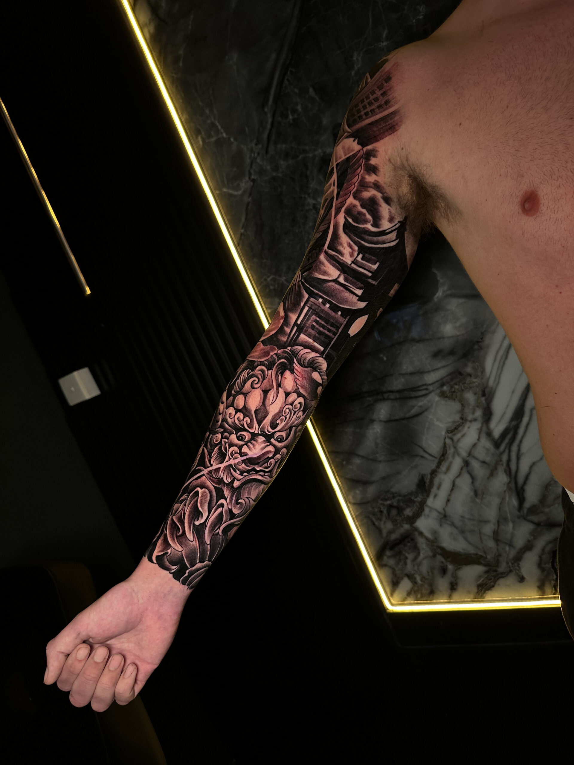 Done Full Arm, Sleeve Fu Dog and Temple Japanese Oriental