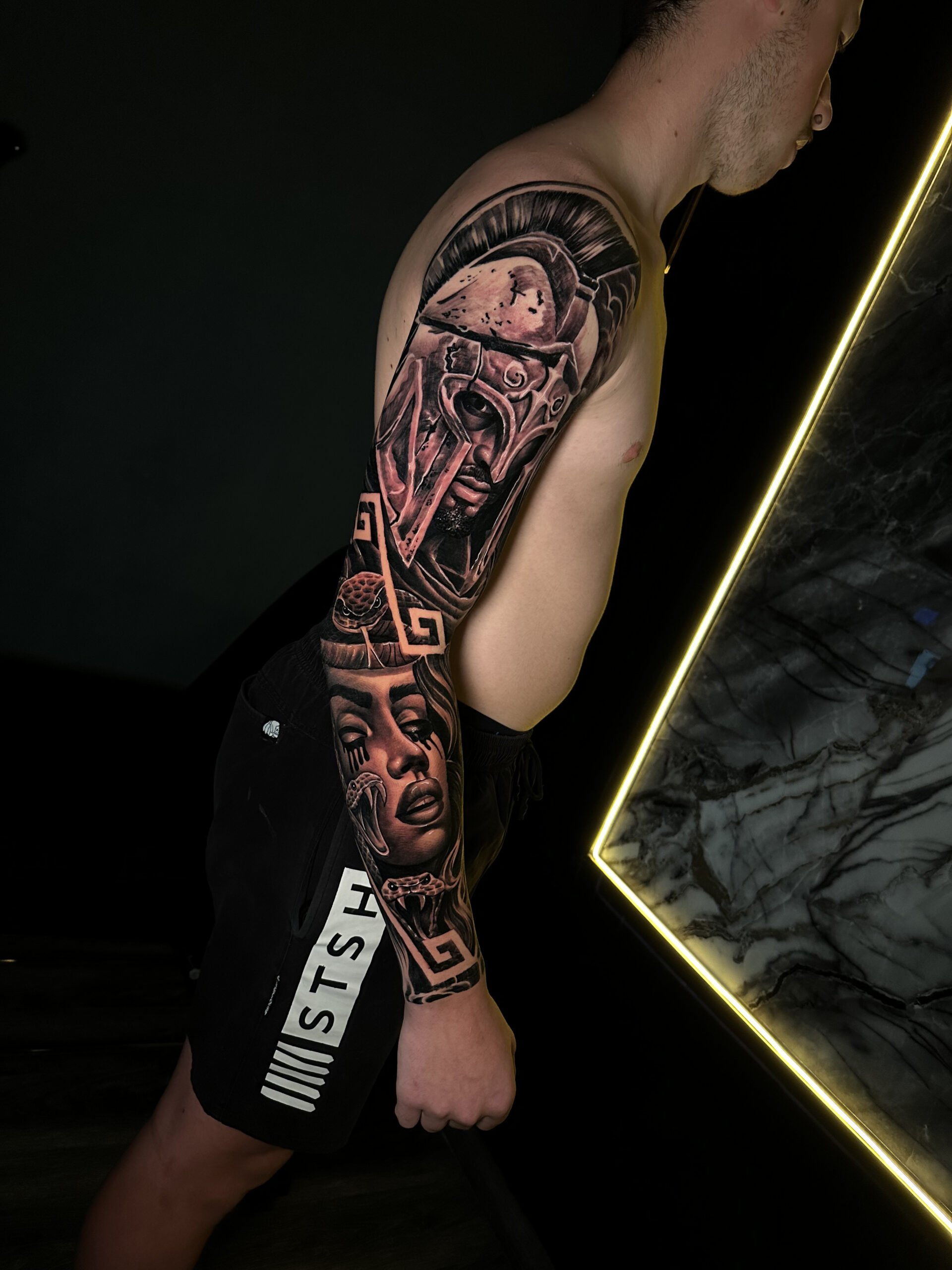 Done Full Arm, Sleeve Greek Theme Medusa and Knigh